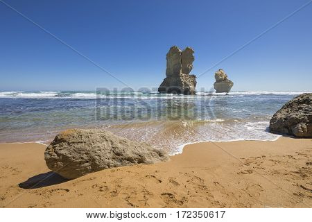 Gog and Magog are two giant limestone stacks offshore from the Gibson Steps on the Great Ocean Road outside Port Campbell in Victoria, Australia.