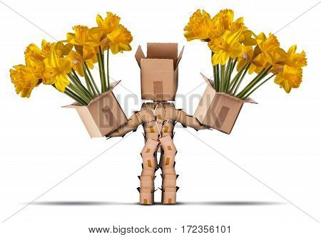 Box character holding large boxes of yellow flowers. Isolated on a white background. Flower delivery or gift concept