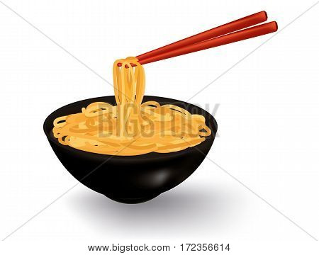 Bowl of noodles soup with chopsticks isolated