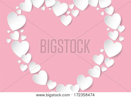 Heart with copy space flat lay with white vector paper hearts on pink background. Valentine's Day and love concept.