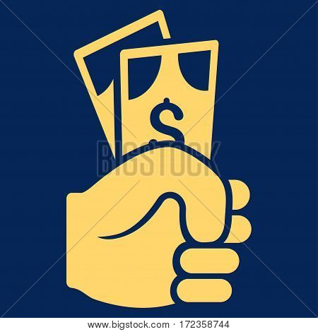 Dollar Banknotes Salary vector icon. Flat yellow symbol. Pictogram is isolated on a blue background. Designed for web and software interfaces.