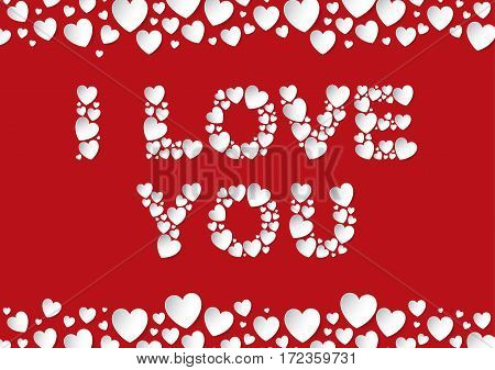 I Love You letters flat lay with white vector paper hearts on red background. Love and Valentine's Day concept.