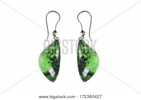 Green nephrite earrings isolated over white background