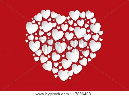 Valentines Day flat lay with white vector paper hearts on red background. Love and Valentine's Day concept.