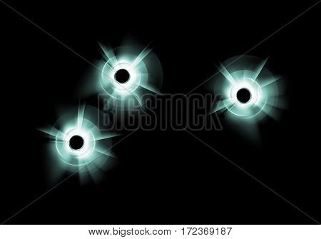 Vector Green Blue Broken Glass Window with three Bullet Holes Close up on Dark Black Background