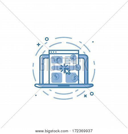Vector illustration of flat bold line laptop and screen with browser icon. Graphic design concept of pay per click. Use in Web Project and Applications. Blue outline isolated object.