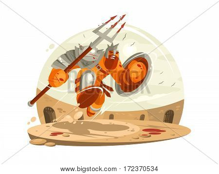 Gladiator in armor with shield and battle in arena. Vector illustration