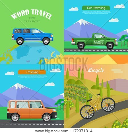 Transport. Collection of Four Auto Pictures. Blue car on planet. Green pickup on road near mountains. Orange big automobile on road to hills. Sports bike riding up path. Simple cartoon style. Vector