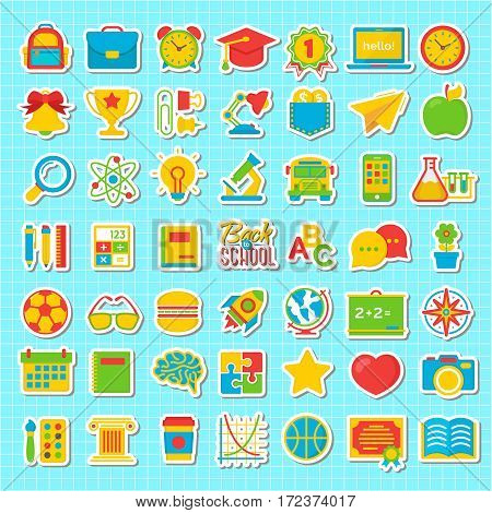 Set of back to school and education colot flat icons school supplies isolated on checkered background. Back To School Background. Back to school super shopping. Super sale. Vector illustration.