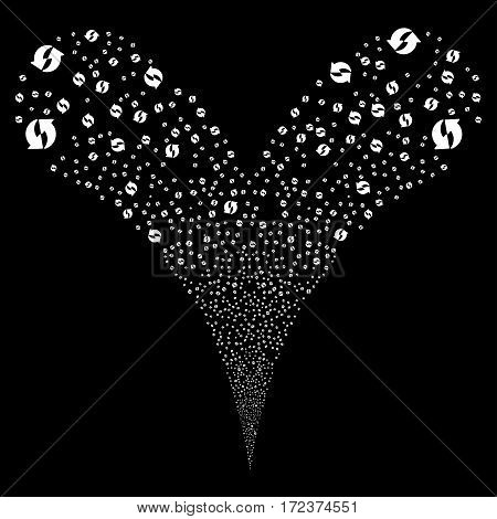 Refresh fireworks stream. Vector illustration style is flat white iconic symbols on a black background. Object double fountain combined from random icons.