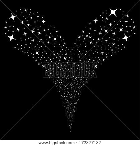 Space Star fireworks stream. Vector illustration style is flat white iconic symbols on a black background. Object double fountain done from random design elements.