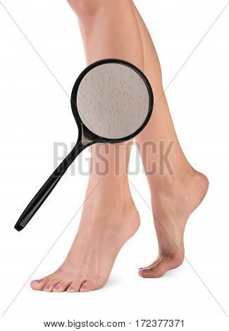 Female legs with hair. Magnifier brings hair on woman's legs.