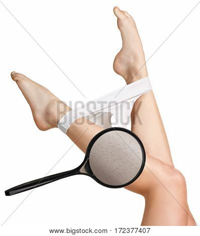 Female legs with hair. Magnifier brings hair on woman's legs.