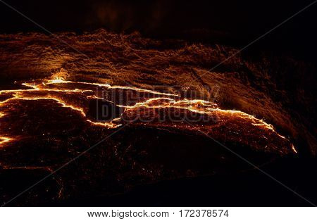Panorama of Erta Ale volcano crater melting lava Danakil depression Ethiopia