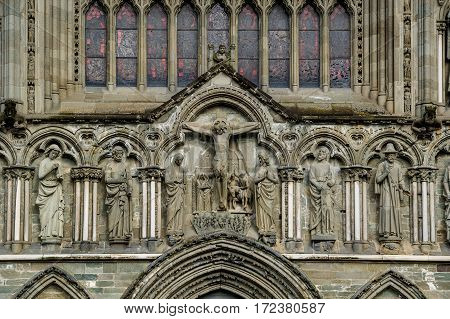 Nidarosdomen cathedral in Trondheim old town close view at facade details. Nidarosdomen, Trondheim, Norway