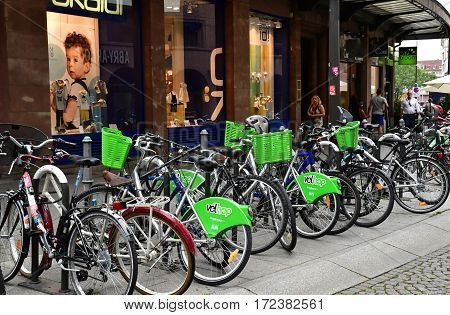 Strasbourg France - july 22 2016 : Velhop bicycle sharing system in the picturesque city center in summer