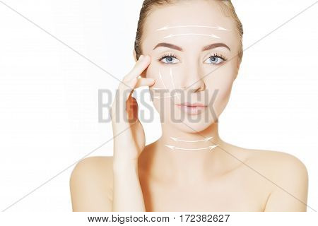 beautiful young woman face with lifting marks for surgeon