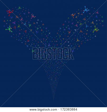 Big Bang fireworks stream. Vector illustration style is flat bright multicolored iconic symbols on a blue background. Object double fountain combined from random pictographs.