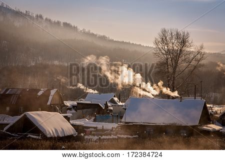 frosty morning in Russian village. South Ural.