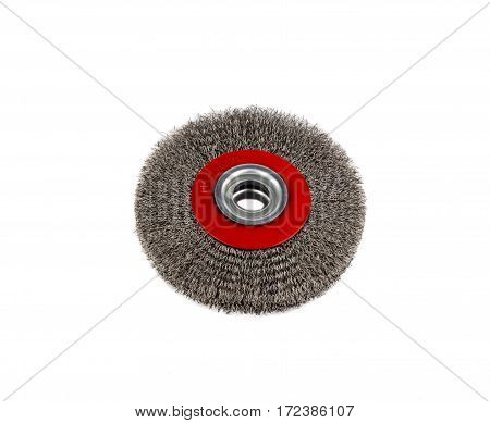circular wire brush on workbench close up