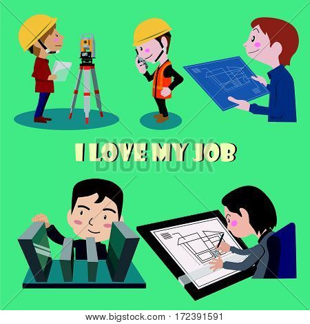 I love my job cartoon character illustration vector set