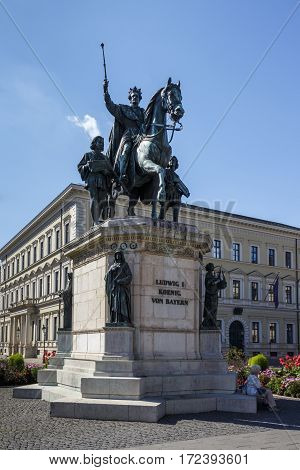 MUNICH, GERMANY - AUGUST 02, 2015: The monument Reiterdenkmal of King Ludwig I of Bavaria is located at the Odeosplatz in Munich