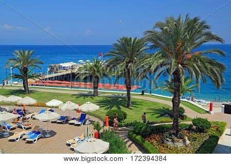 KEMER/ TURKEY - AUGUST 19, 2014: Territory of a luxury hotel in city Kemer, Turkey.