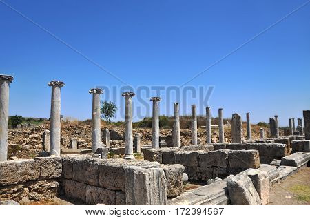 Ruins of the ancient anatolian city Perge (Perga) in Turkey