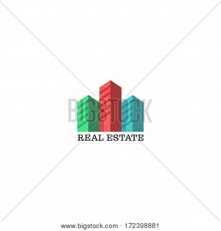 Real estate logo mockup, colored silhouettes of skyscrapers emblem for apartments, residential complex, housing, urban district, city identity or architectural agency
