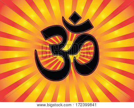 The most important symbol in Hinduism - Om. Gradient red and gold background, red and gold sun rays, vector