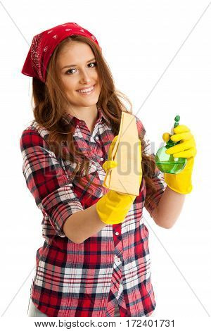 Happy Young Woman Cleaning Windows Isolated Over White Vackground