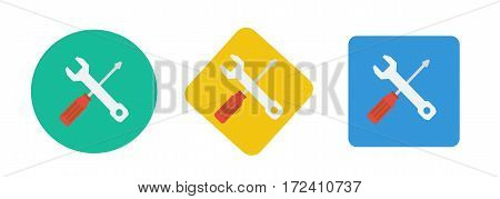 Screwdriver and wrench icon. can be used logo for service, icon for setting. 
Elements of design for web and mobile app. Three types of flat icons: circle, square, diamond