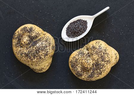 Homemade poppy seed bread rolls photographed overhead on slate with natural light (Selective Focus Focus on the top of the rolls)