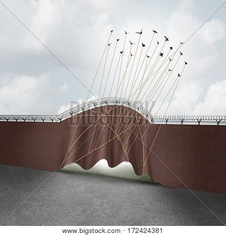 Open border concept as a brick wall being lifted up by a group of flying birds as a surreal idea for liberty and government policy on immigration and refugee claims with 3D illustration elements.