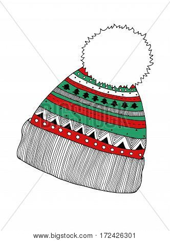 Knitted cap, vector colored image. Hand drawn