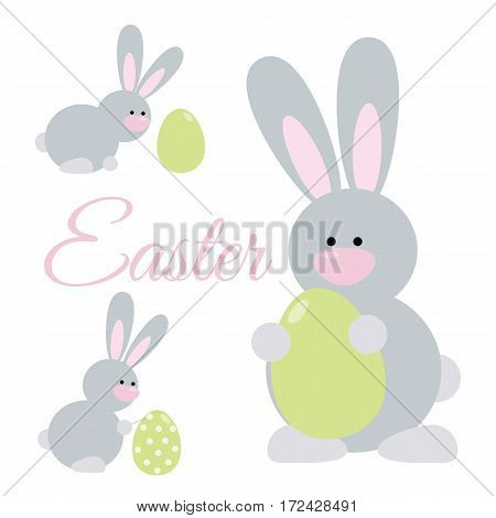 Set of cute cartoon easter rabbits. Bunny holding an egg paints an egg looking at an egg.