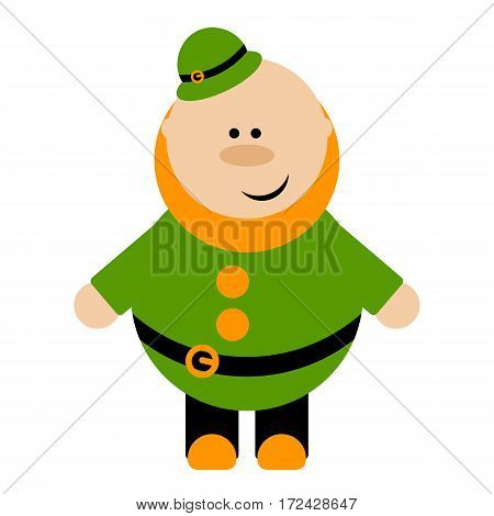 Funny cartoon leprechaun in green hat stays and smiles