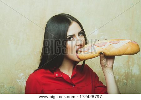Sexy Pretty Brunette Woman Eats Big Sandwich Or Burger