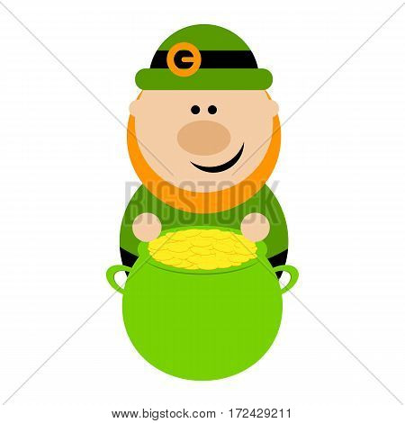 Funny cartoon leprechaun sitting near a pot of gold