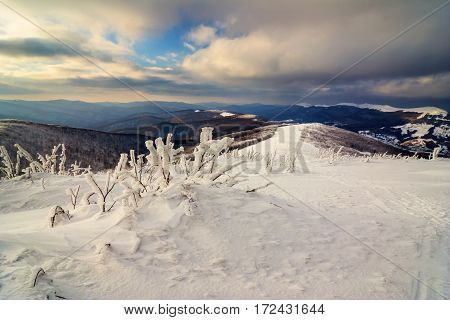 Beautiful Winter Landscape In The Mountains, Bieszczady, Poland