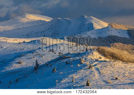 Beautiful Winter Landscape In The Mountains, Bieszczady, Poland