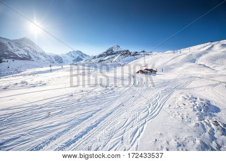 Swiss ski Alpine mountain resort with famous Eiger Monch and Jungfrau mountain Grindelwald Berner Oberland Grindelwald Switzerland.