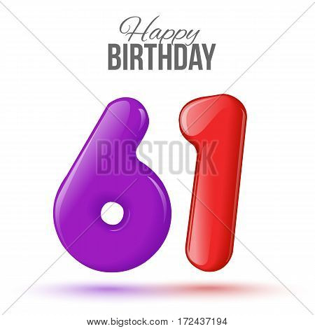 sixty one birthday greeting card template with 3d shiny number sixty one balloon on white background. Birthday party greeting, invitation card, banner with number 61shaped balloon
