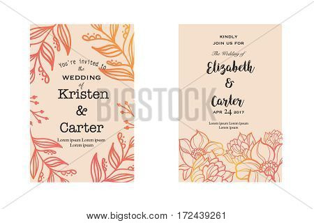 Yellow vintage cards with elegant floral decor and handwritten text. Card decoration and wedding design