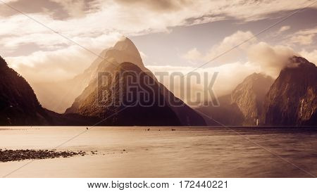 Panoramic Scenic View Of Milford Sound At Sunset, New Zealand
