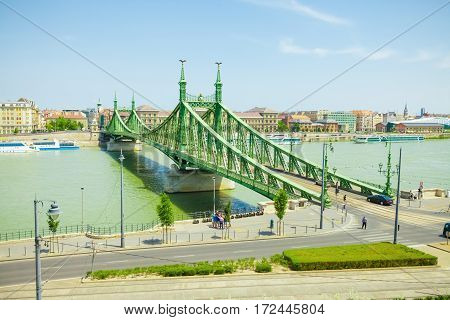 Freedom Bridge Connecting Buda And Pest Across Dunabe River In Budapest, Hungary