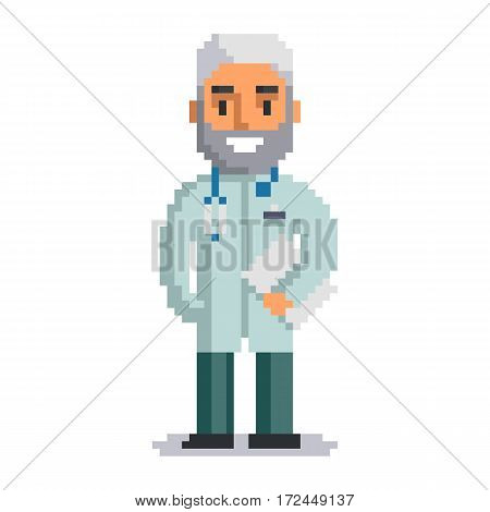 Doctor isolated on white background. physician pixel game style illustration. Medic vector pixel art design. funny 8 bit people character icon.