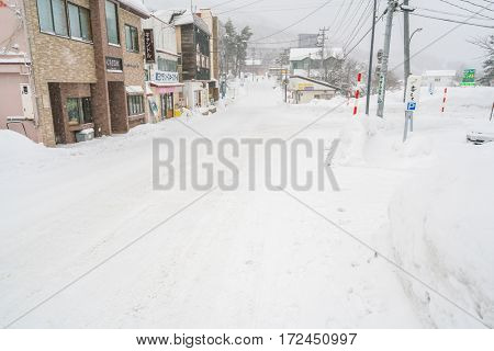 Yamakata, Japan - February 7, 2017: Road covered by snow in Zao Onsen town, Yamgata, Japan.