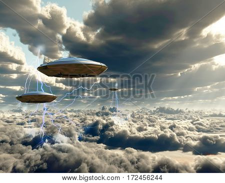 Flying spacecrafts in cloudy sky.  3D Render