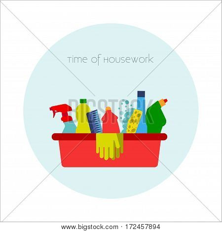 Household chemicals Vector illustration Red bucket with different household chemicals, brushes and gloves for housework Flat design